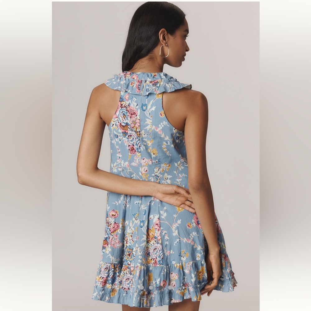 NWT Love The Label Anthropologie Cotton Bowie Blue Ruffle Mini Dress Size L - Picture 3 of 12